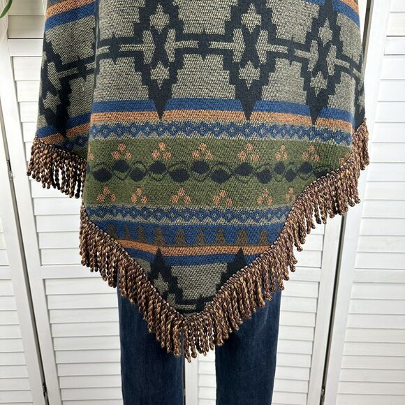 Kenny Brand Fringe Poncho‎ Southwestern Aztec Tapestry Pullover One Size $224 - Picture 7 of 9